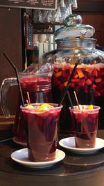 Close-up of tea in glass on table in restaurant