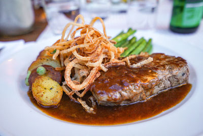 Close-up of served in plate on table