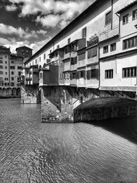 Bridge over river by buildings in city against sky