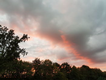 Low angle view of silhouette trees against dramatic sky