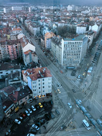 High angle view of street amidst buildings in city