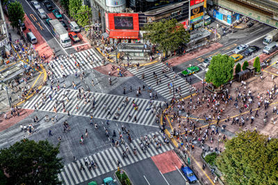 Aerial view of pedestrians crossing road