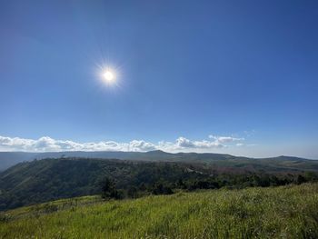 Scenic view of field against bright sun