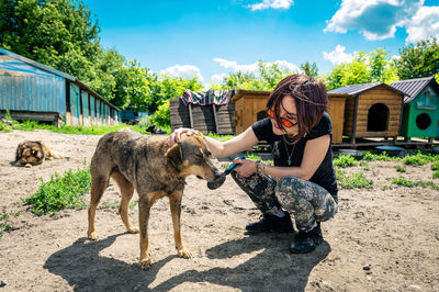 Dog at the shelter.  lonely dogs in cage with cheerful woman volunteer