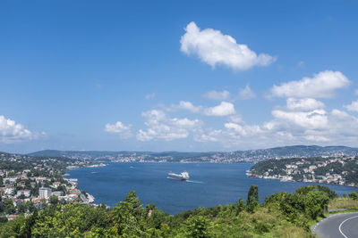 Panoramic view of sea and cityscape against sky