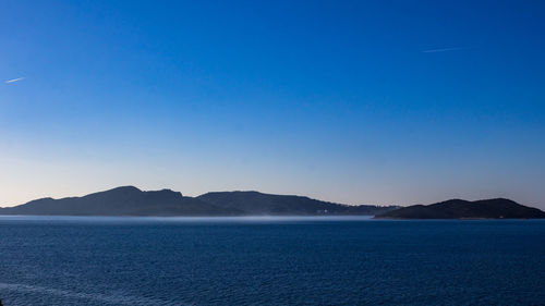 Scenic view of sea against clear blue sky