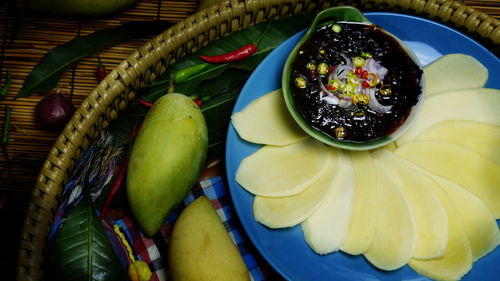High angle view of fruits in basket on table