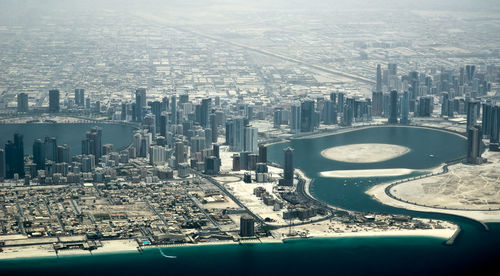 High angle view of modern buildings in city