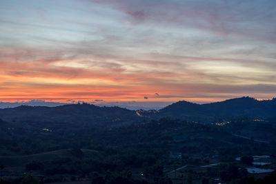 High angle view of townscape against sky during sunset