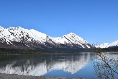 Scenic view of snowcapped mountains against clear sky