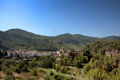 Scenic view of trees and houses against clear blue sky