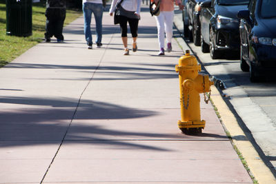 Fire hydrant on footpath with low section of people walking in background