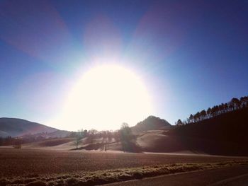 Scenic view of field against bright sun