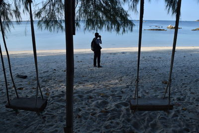 Rear view of man on swing at beach