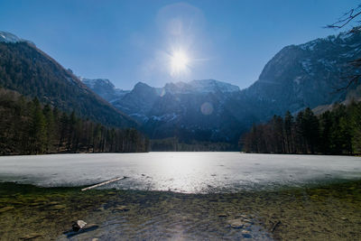 Scenic view of lake and mountains against sky