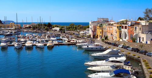 View of harbor with buildings in background