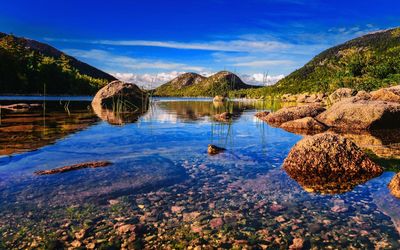 Scenic view of lake against blue sky - acadia nationalpark - jordan pond