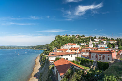 High angle view of townscape by sea against sky