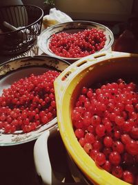 High angle view of strawberries in bowl on table