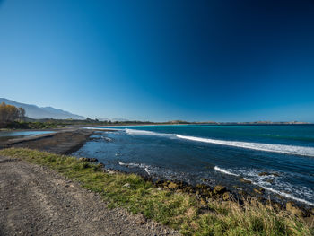 Scenic view of sea against clear blue sky