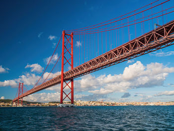 Low angle view of suspension bridge against sky