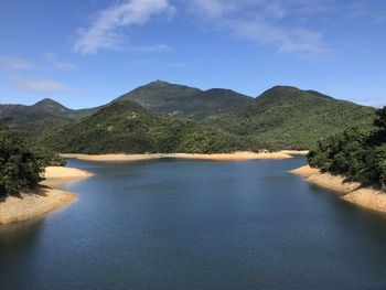 Scenic view of river amidst mountains against sky