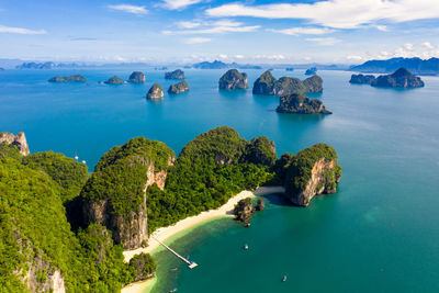 High angle view of boats in sea against sky