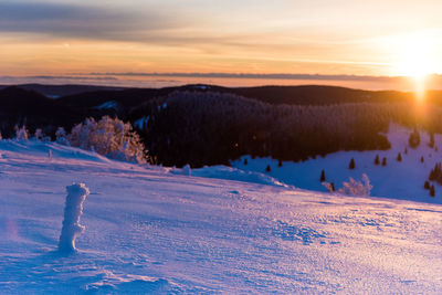 Scenic view of snow covered field against sky during sunset