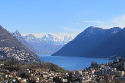 Residential district by lake against mountain range 