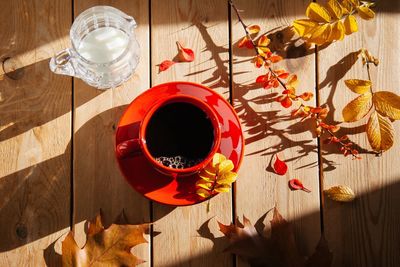 High angle view of red wine on table