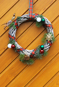 High angle view of christmas decorations on table