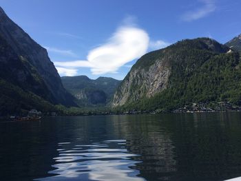 Scenic view of lake and mountains against sky