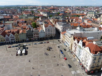 High angle view of street amidst buildings in town