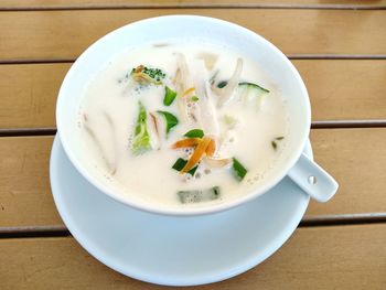 High angle view of soup in bowl on table