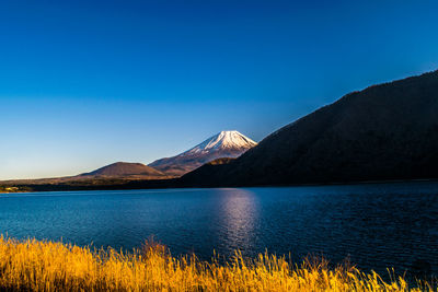 Scenic view of lake and mountains against clear blue sky