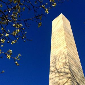 Low angle view of building against clear blue sky