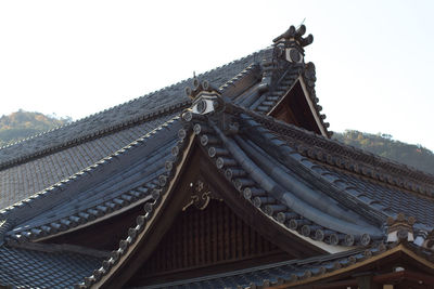 Wooden roof of temple against sky