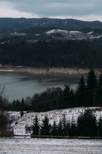 Scenic view of lake by snowcapped mountains against sky