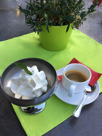 High angle view of breakfast with coffee on table