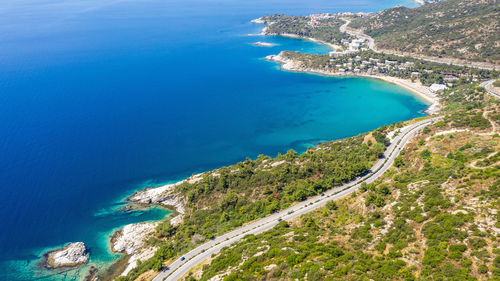 High angle view of beach against blue sky