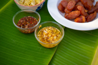 High angle view of food served on table