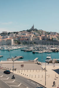 High angle view of cityscape against clear sky
