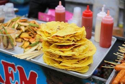 Closeup of grilled rice paper with egg or vietnamese pizza in the market