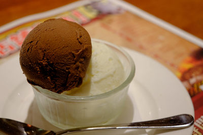 Close-up of ice cream in plate on table