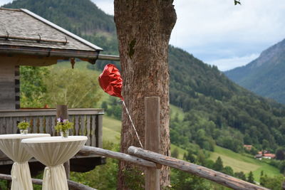 Helium balloon and tables by fence against mountain