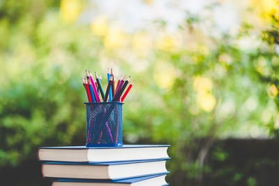 Close-up of books on table