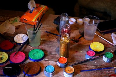 High angle view of various food on table