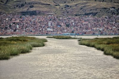 View of road along buildings