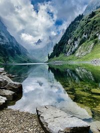 Scenic view of lake and mountains against sky