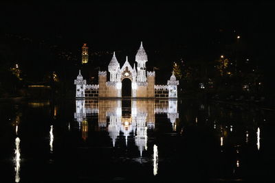 Reflection of temple in water at night